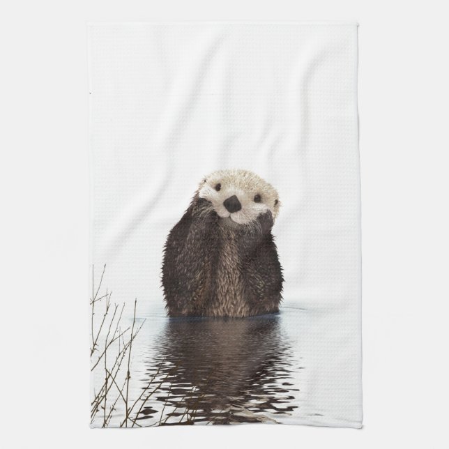Adorable Smiling Otter in Lake Kitchen Towel (Vertical)