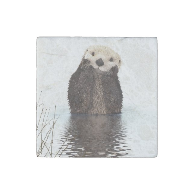 Adorable Smiling Otter in Lake Stone Magnet (Front)