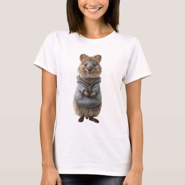 Adorable Smiling Quokka in a Grey Hoodie T-Shirt (Front)