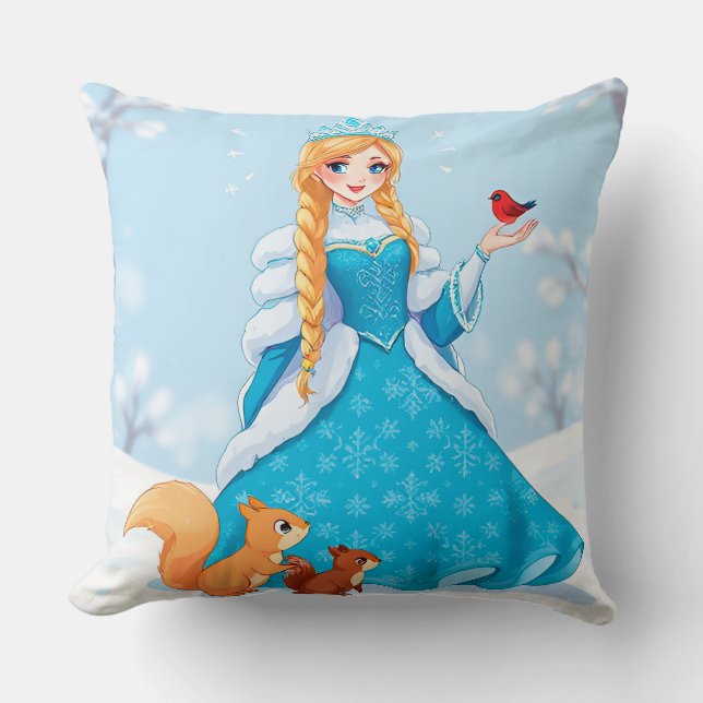 Adorable Smiling Snow Maiden Throw Pillow (Front)
