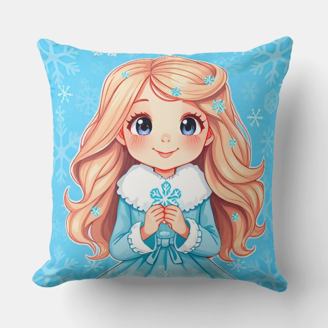 Adorable Smiling Snow Maiden Throw Pillow (Front)