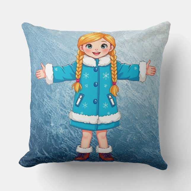 Adorable Smiling Snow Maiden Throw Pillow (Front)