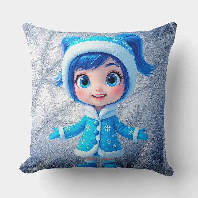Adorable Smiling Snow Maiden Throw Pillow (Front)