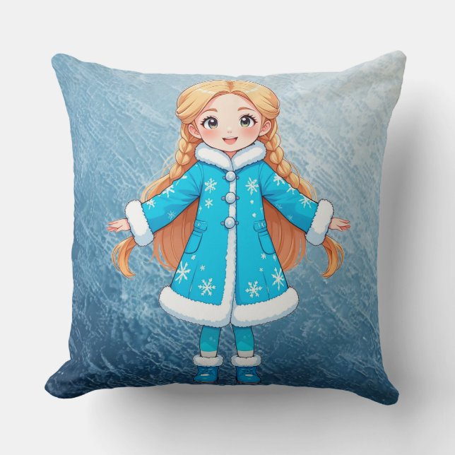 Adorable Smiling Snow Maiden Throw Pillow (Front)