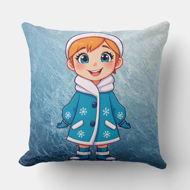 Adorable Smiling Snow Maiden Throw Pillow (Front)