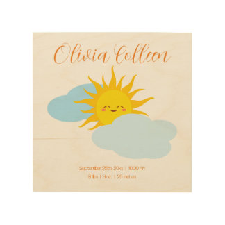 Adorable Smiling Sun Newborn Name & Birth Data Wood Wall Art