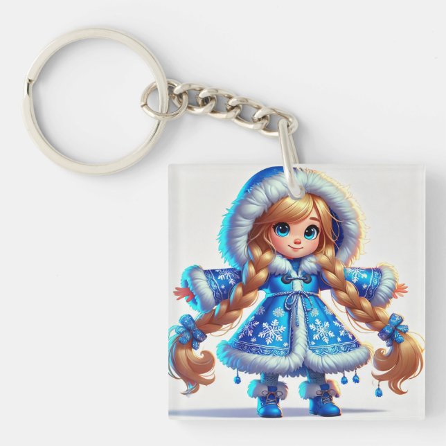 Adorable snow maiden in Blue Coat Keychain (Front)