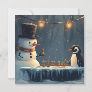 Adorable Snowman and Penguin Playing Chess Holiday Card