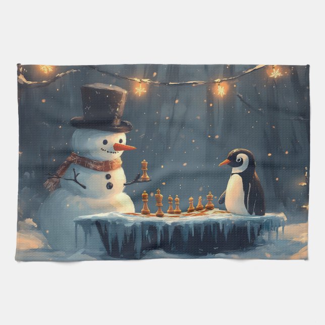 Adorable Snowman and Penguin Playing Chess Kitchen Towel (Horizontal)