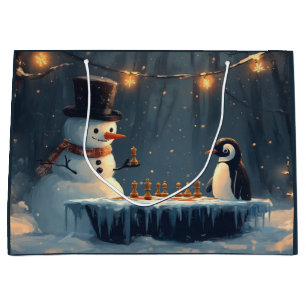 Adorable Snowman and Penguin Playing Chess Large Gift Bag