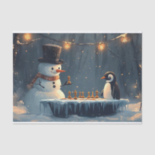 Adorable Snowman and Penguin Playing Chess Tissue Paper