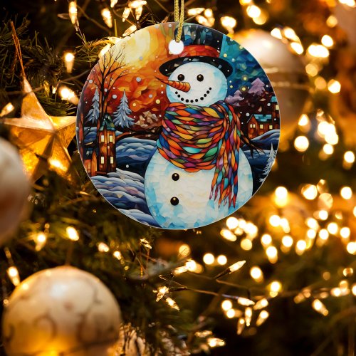 Adorable Snowman Stained Glass Christmas Ceramic Ornament