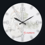 Adorable Snowman Wiith Santa Hat -Personalized Large Clock<br><div class="desc">This image features snowman with santa hat on white background. . Any girl would love to have this stylish design.If your art still needs to be adjusted, click on the Customize This button. This will take you to a design area where you can move around and even change fonts !...</div>