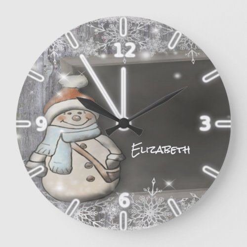 Adorable Snowman With Santa HatSnowflakes Large Clock