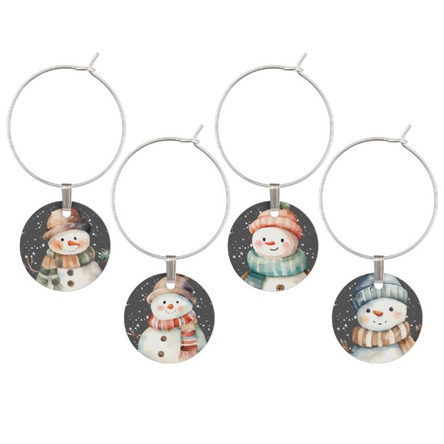 ADORABLE SNOWMEN WITH HATS Wine Charms (Staggered)