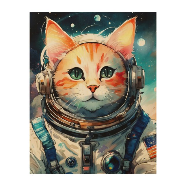 Adorable Space Cat Wood Wall Art (Front)