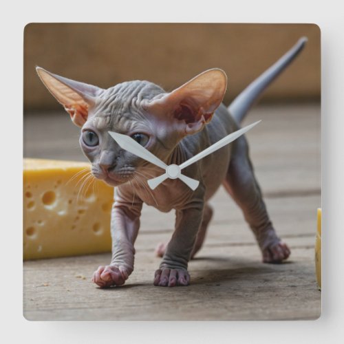 Adorable Sphynx Kitten and Cheese Square Wall Clock