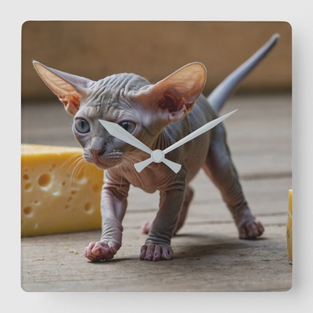 Adorable Sphynx Kitten and Cheese Square Wall Clock (Front)