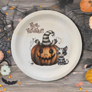 Adorable Spooky Halloween Black n' White Kitten Paper Plates