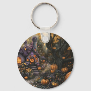 Adorable Spooky House and Halloween Pumpkin Patch Keychain