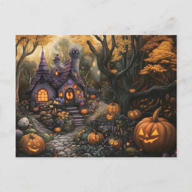 Adorable Spooky House and Halloween Pumpkin Patch Postcard (Front)