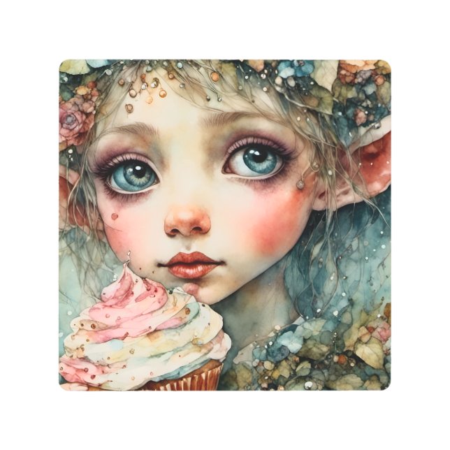 Adorable Spring Floral Elf With a Cupcake Metal Print (Front)