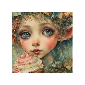 Adorable Spring Floral Elf With a Pink Cupcake Wood Wall Art