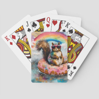 Adorable Squirrel Floating on a Donut Poker Cards