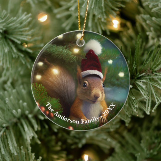 Adorable squirrel hiding in a tree branch Custom  Ceramic Ornament (Tree)