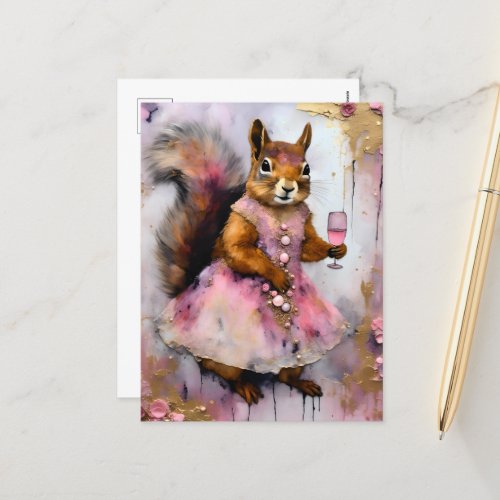 Adorable Squirrel in a Pink Dress with a Drink Postcard