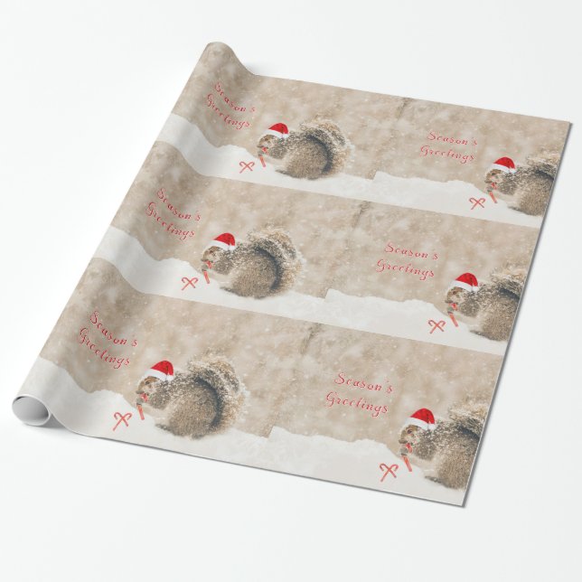 Adorable Squirrel in Santa Hat Wrapping Paper (Unrolled)