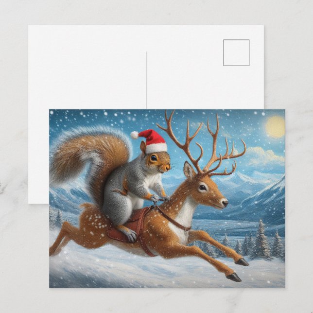Adorable Squirrel Santa Reindeer Christmas Snowing Postcard (Front/Back)