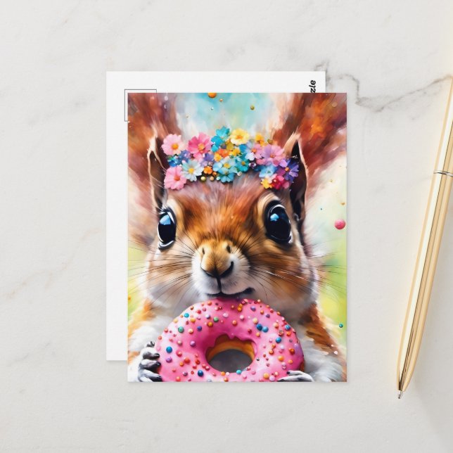 Adorable Squirrel With a Donut Postcard (Front/Back In Situ)