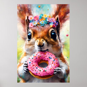 Adorable Squirrel With a Donut Poster