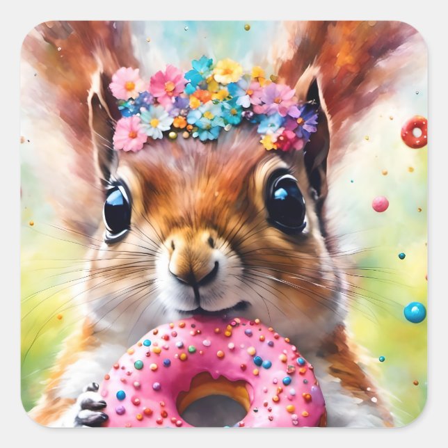 Adorable Squirrel With a Donut Square Sticker (Front)