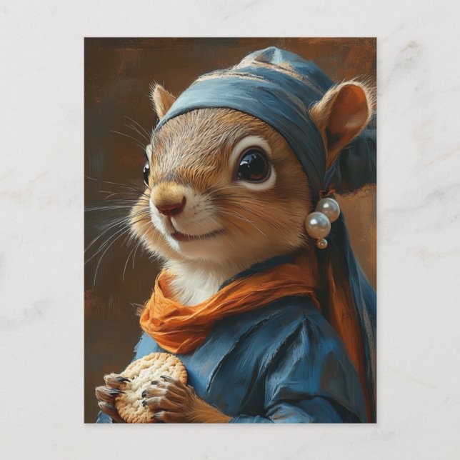 Adorable Squirrel With a Pearl Earring and Cookie Postcard (Front)