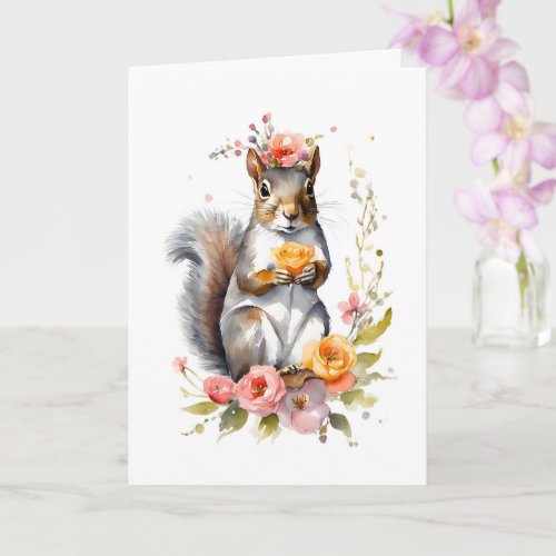 Adorable Squirrel with Spring Flowers Blank  Card