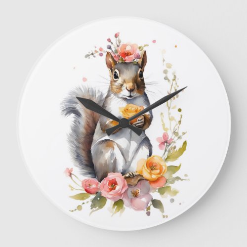 Adorable Squirrel with Spring Flowers  Large Clock