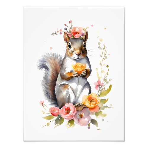 Adorable Squirrel with Spring Flowers  Photo Print