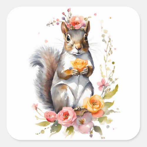 Adorable Squirrel with Spring Flowers  Square Sticker