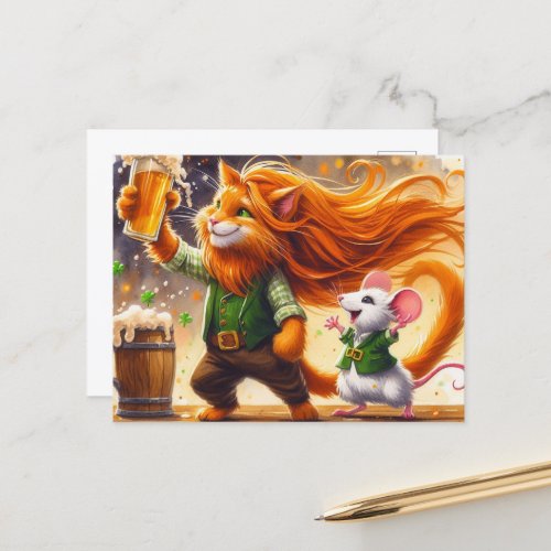 Adorable St Patricks Day Ginger Cat and a Mouse Postcard