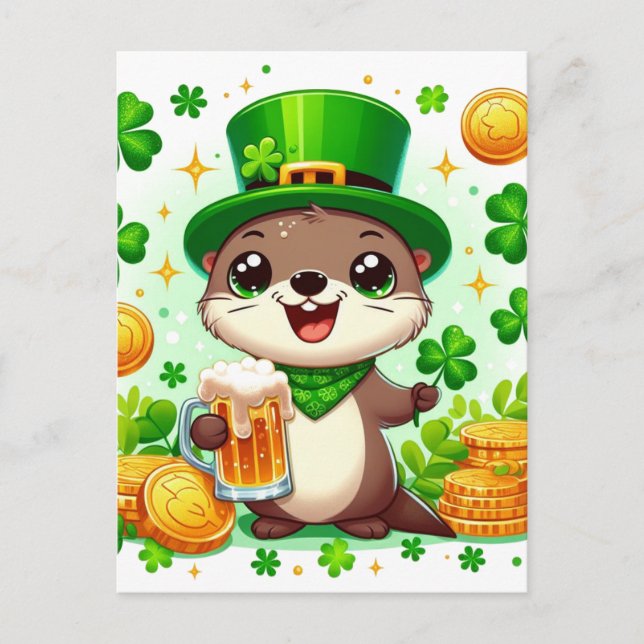 Adorable St. Patricks Day Otter Postcard (Front)