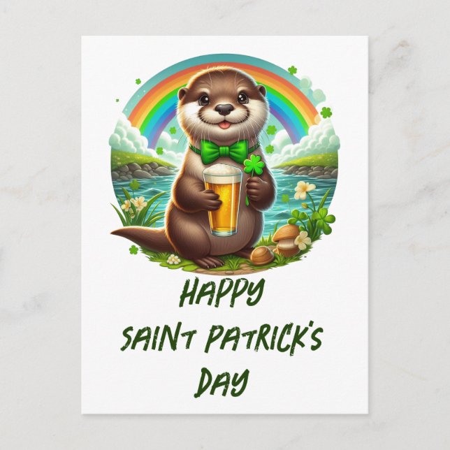 Adorable St. Patricks Day Otter With Beer Postcard (Front)