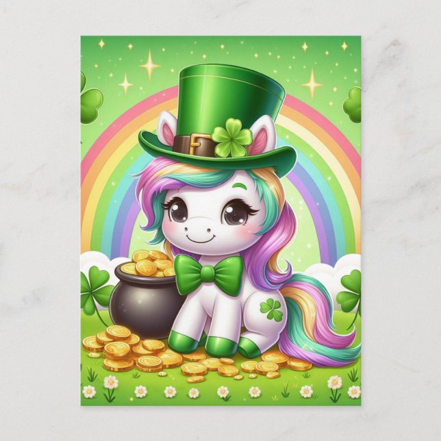 Adorable St. Patricks Day Unicorn Rainbow Gold Postcard (Front)