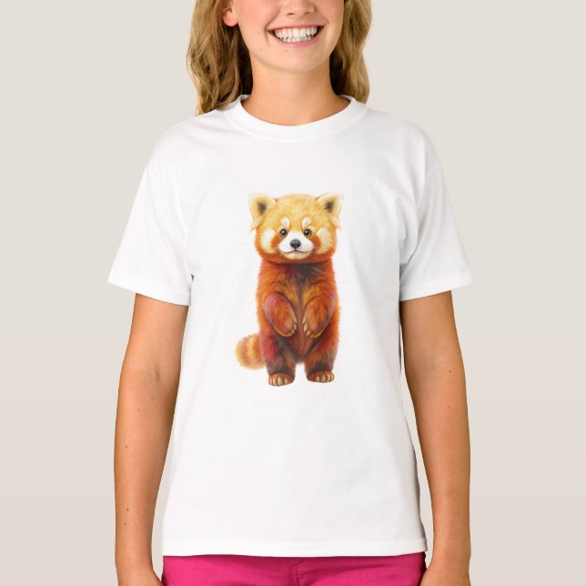 Adorable Standing Fluffy Red Panda Kids T-Shirt (Front)
