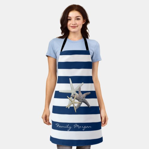 Adorable Starfish Navy Blue Stripes_Personalized  Apron