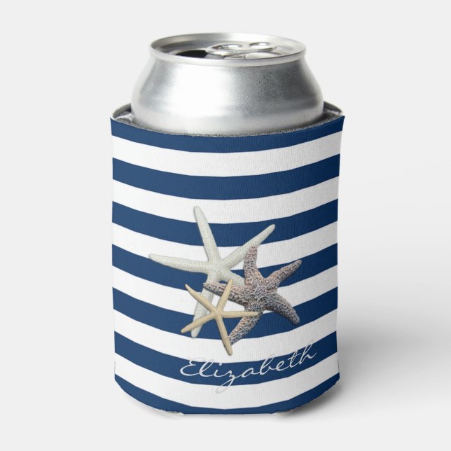 Adorable Starfish ,Navy Blue Stripes-Personalized Can Cooler (Can Front)