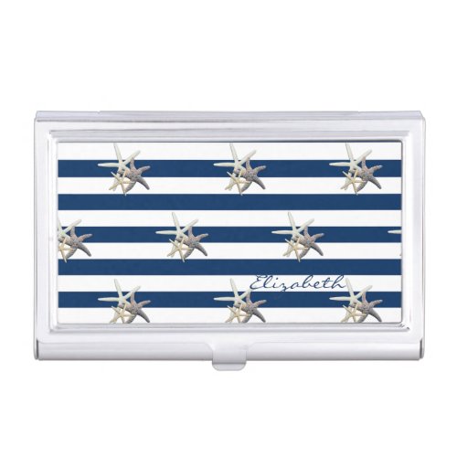 Adorable Starfish Navy Blue Stripes_Personalized Case For Business Cards