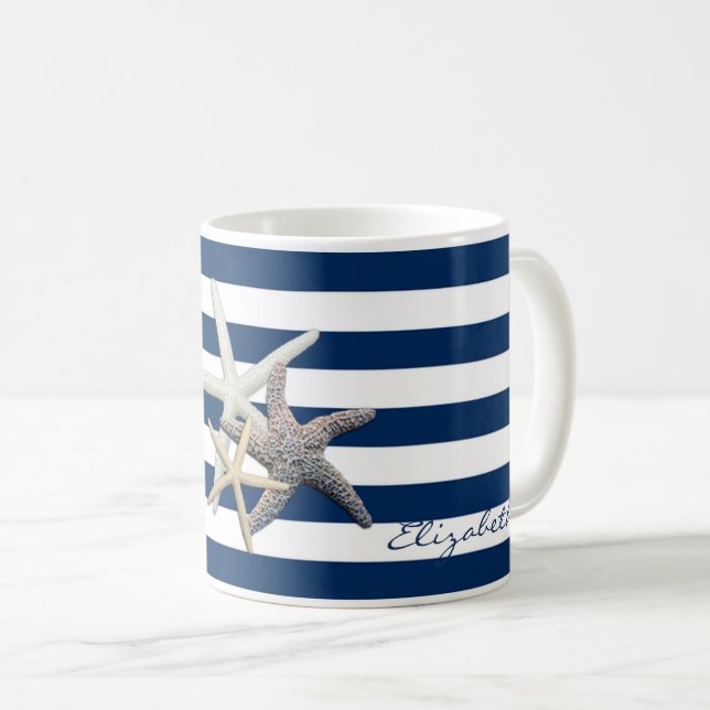 Adorable Starfish ,Navy Blue Stripes-Personalized Coffee Mug (Front Right)