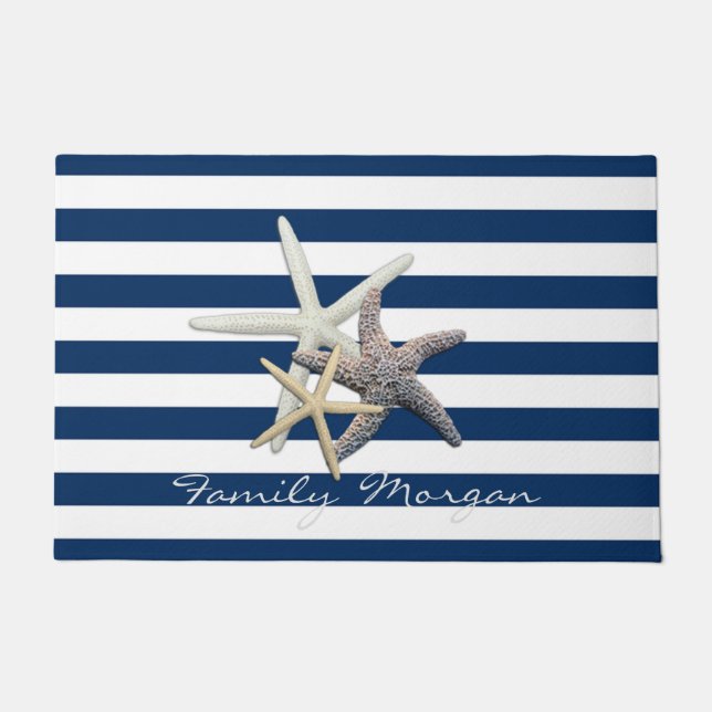 Adorable Starfish ,Navy Blue Stripes-Personalized Doormat (Front)